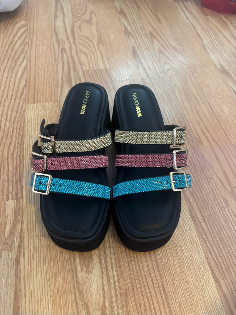 Fashion Nova Black Platform Sandals with Rainbow Glitter Straps